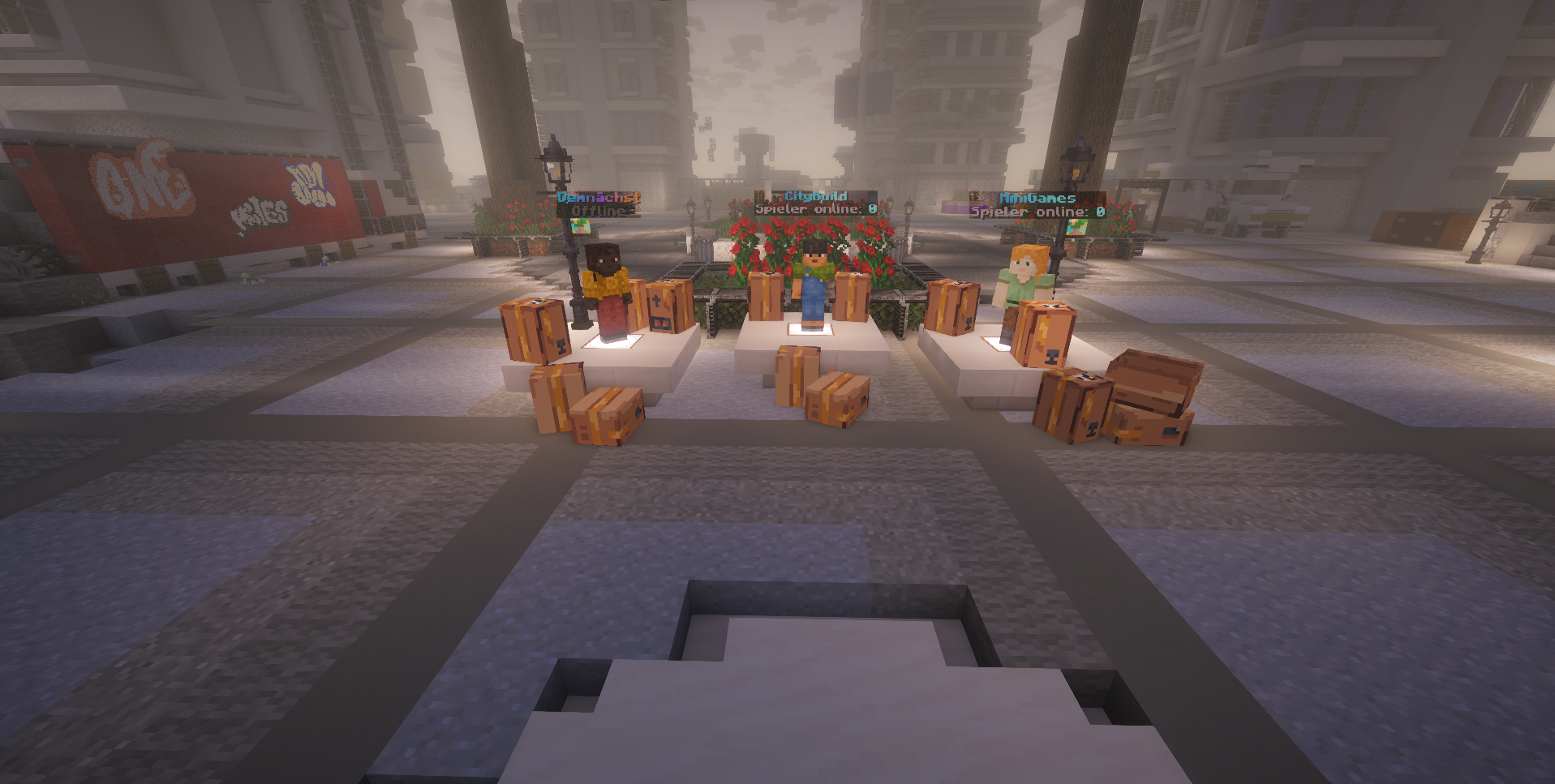 Einblick in die MetroNova Minecraft-Lobby mit den Bereichen Citybuild und Minigames